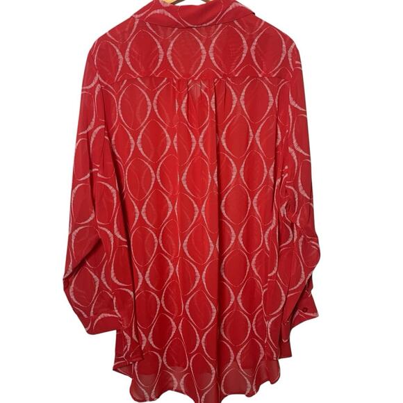 Susan Graver Top Women's Size 24w Button Down Red Abstract Artsy Sheer Career - Picture 2 of 6